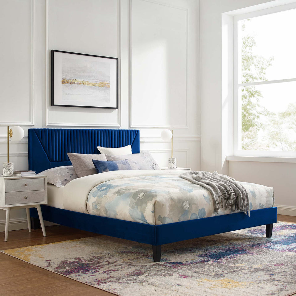Yasmine Channel Tufted Performance Velvet Platform Bed With Black Wood Legs by Modway