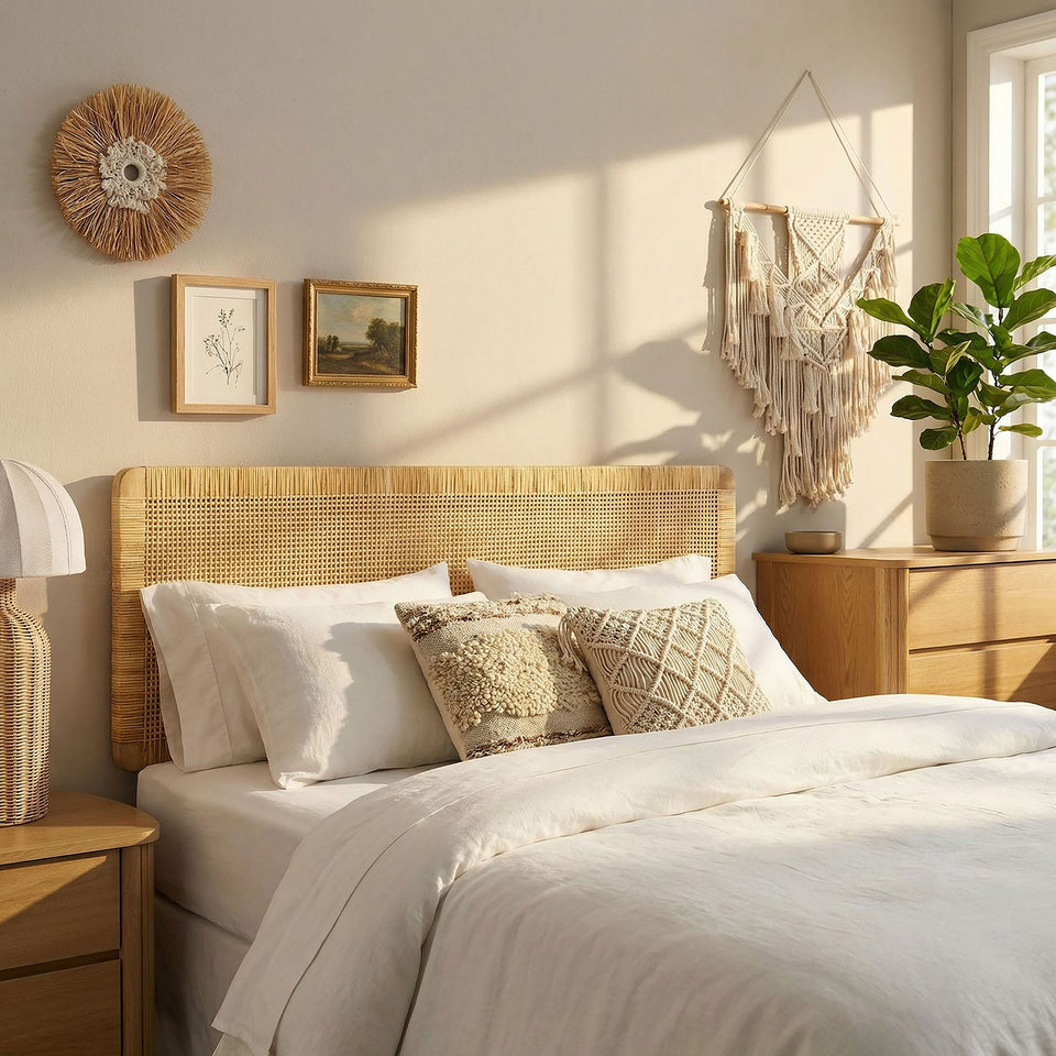 Sandy Wall Mounted Wood and Rattan Queen Size Headboard by Modway