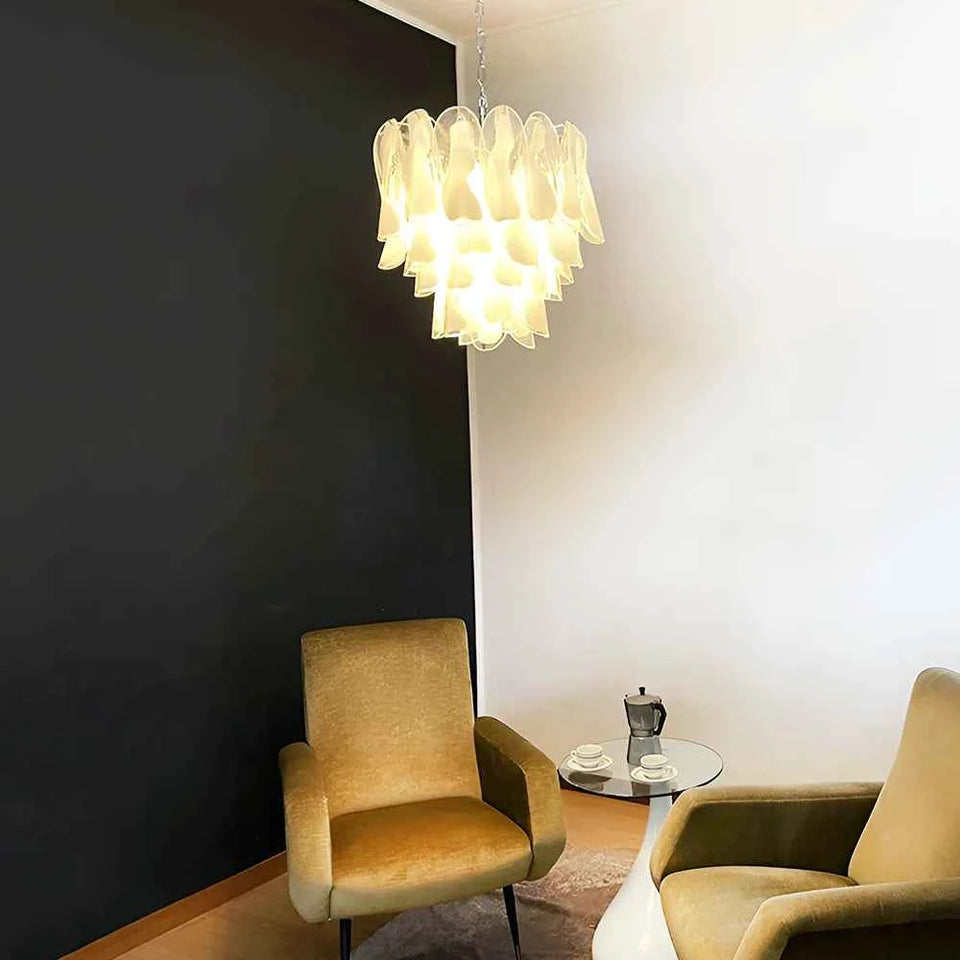Transparent+White glass chandelier - side angle view