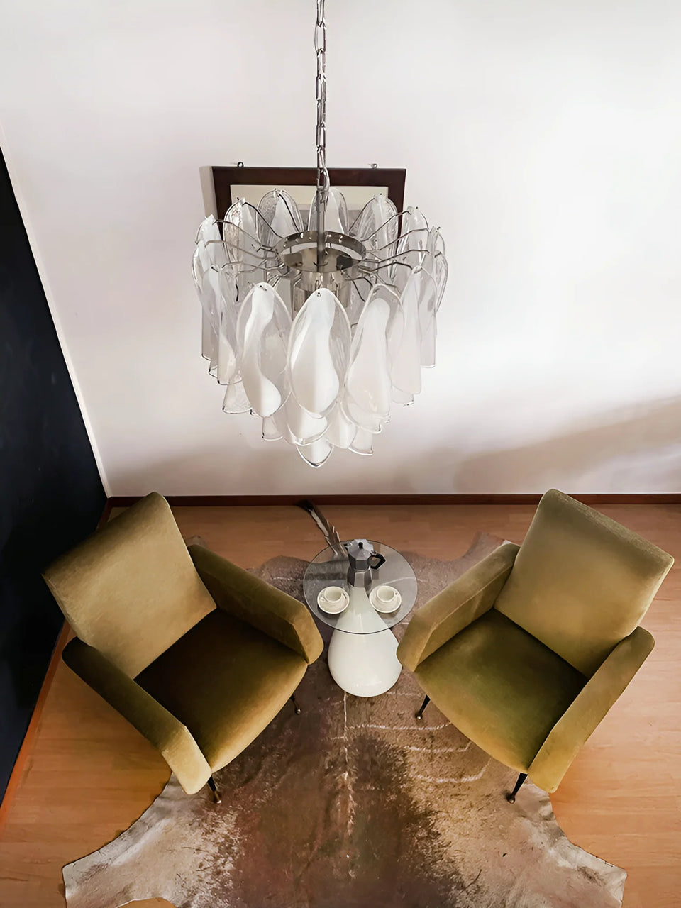 Transparent+White glass chandelier - lifestyle setting