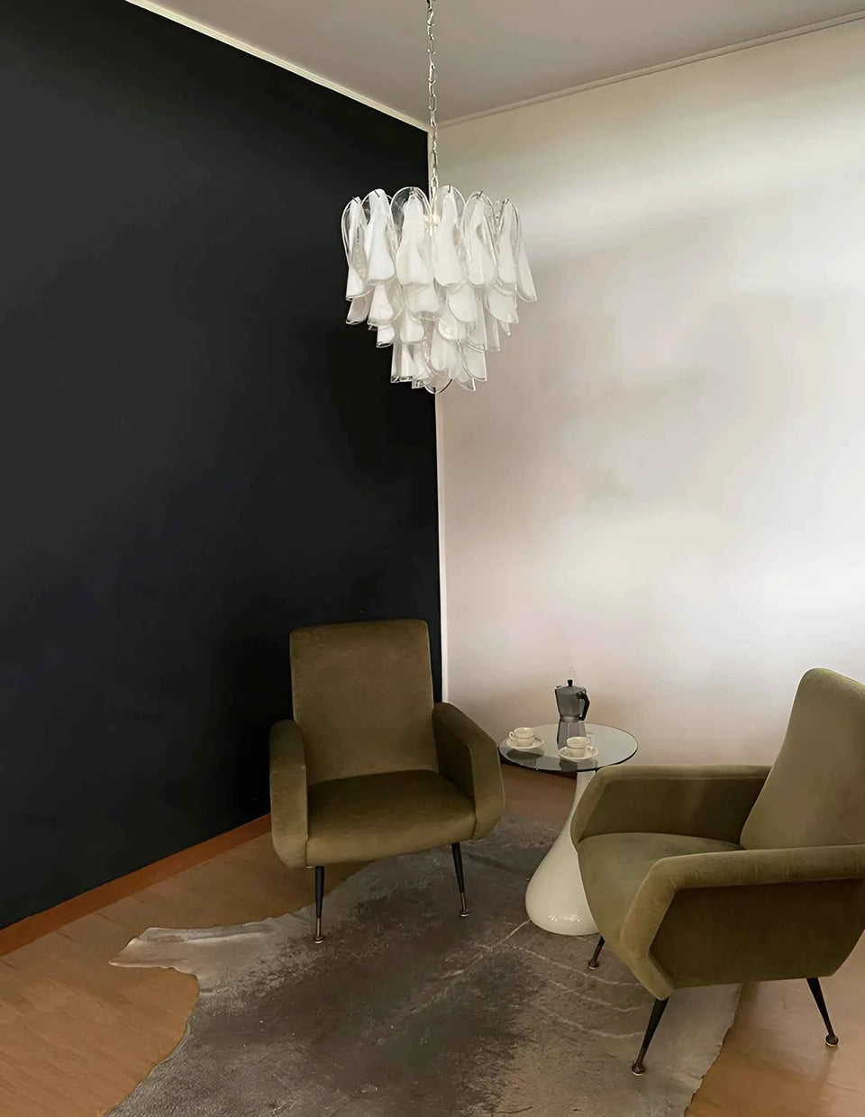 Transparent+White glass chandelier - detail view