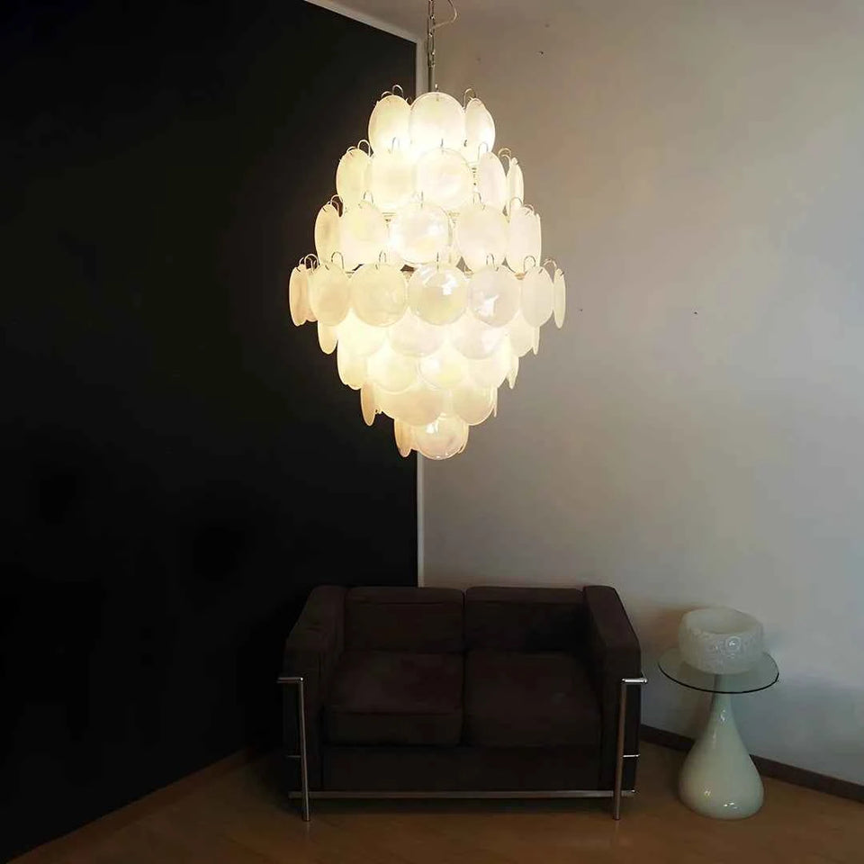 Huge Vintage Murano White Disks Chandelier