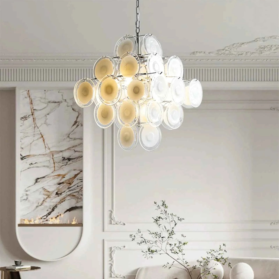 Round White Transparent Glass Disc Chandelier