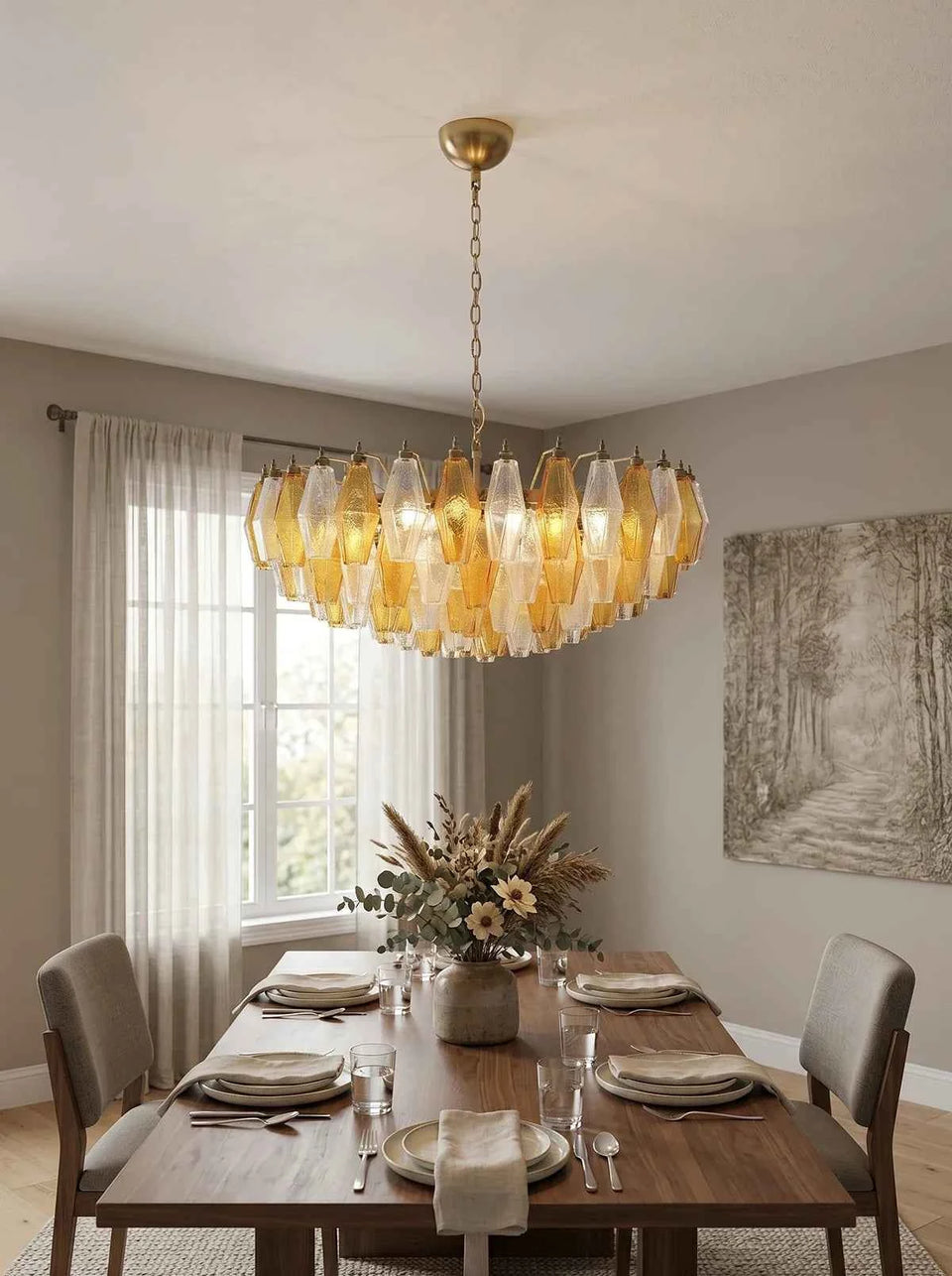 Murano Faceted Transparent Amber Glass Chandelier