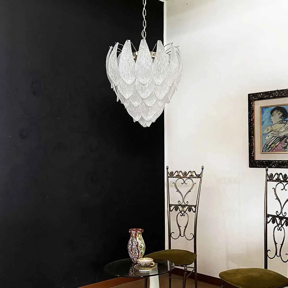 Murano Frosted Carved Glass Leaves Chandelier