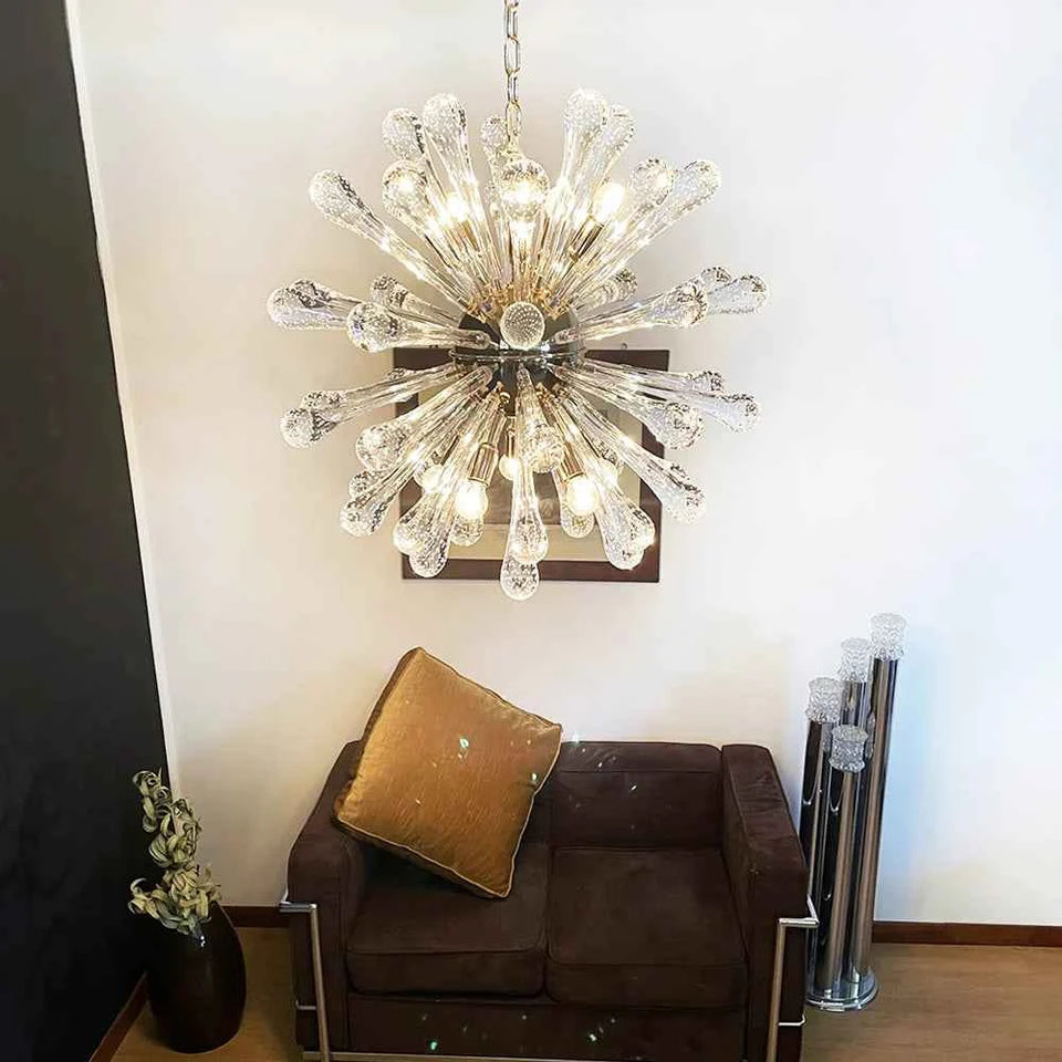 Transparent + Gold glass chandelier - side angle view