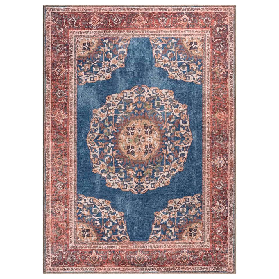 Navy Blue Brick Oushak Area Washable Rug