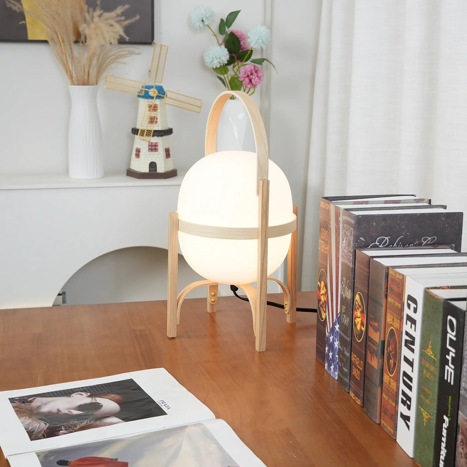 Portable Wood Lantern Glass Table Lamp