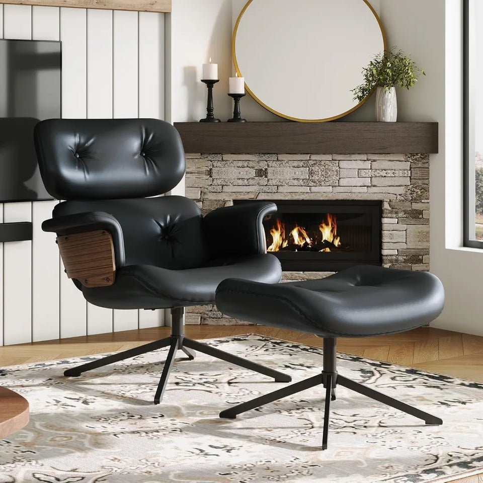 Chaise Lounge Chair with Ottoman, Mid Century Modern Living Room Chairs, Comfy Leather Chair, Lazy Armchair for Living Room Bed