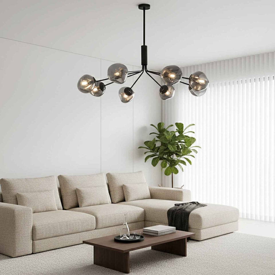 Smoky grey & Black glass chandelier - side angle view