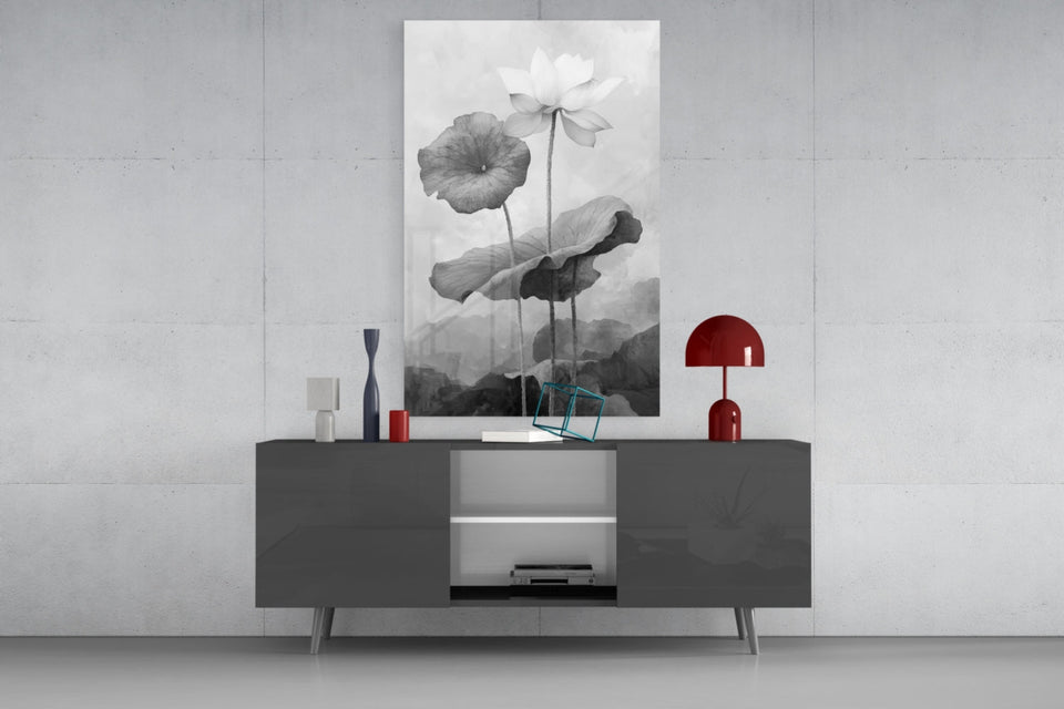 Black and White Water Lily Glass Wall Art || Designer Collection