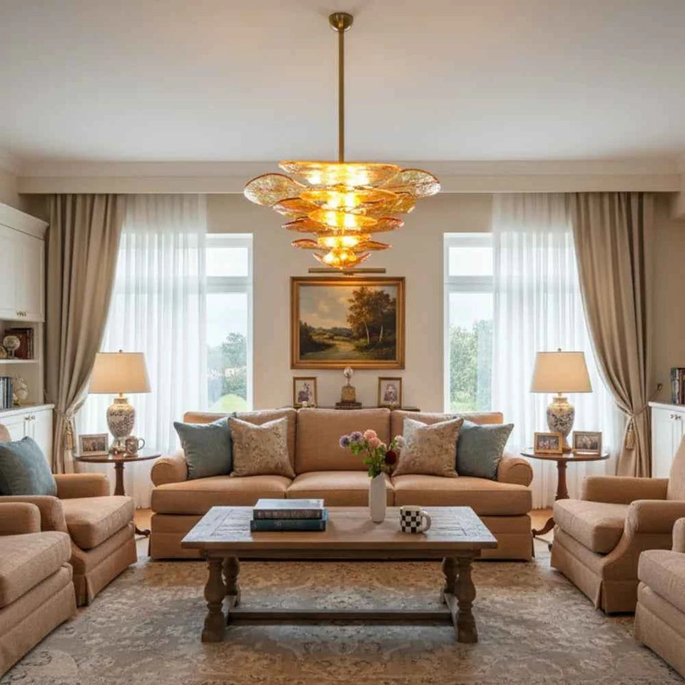 Leaf-Shaped Amber Textured Glass Chandelier