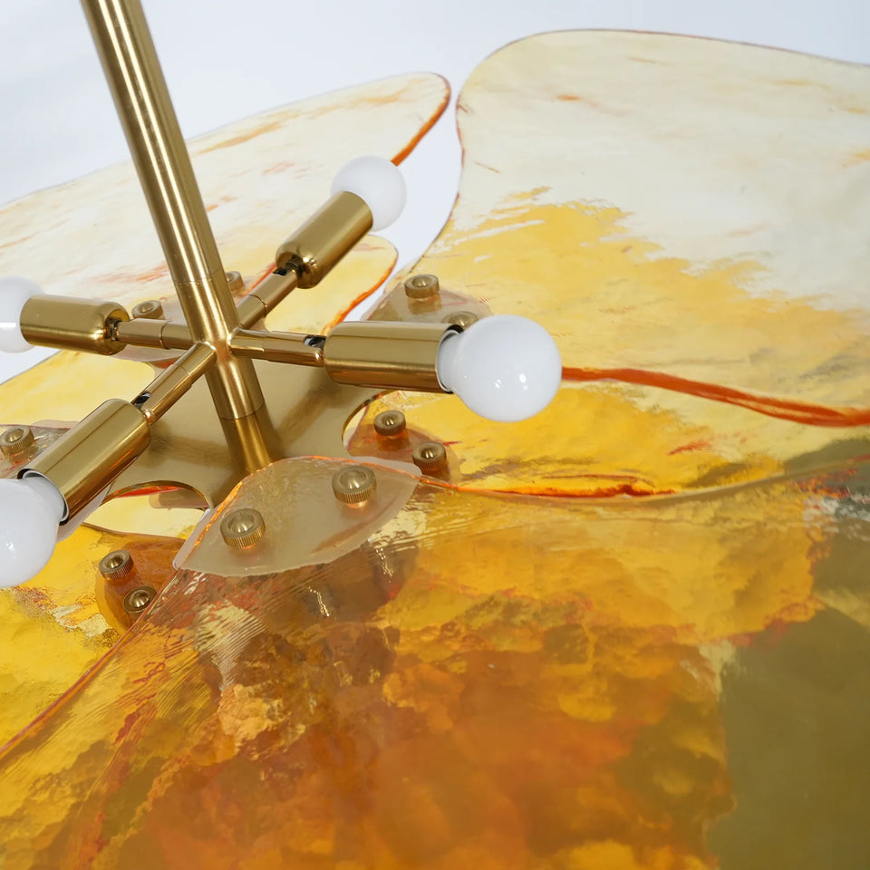 Leaf-Shaped Amber Textured Glass Chandelier
