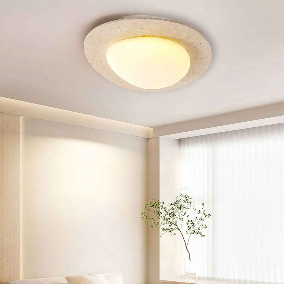 White Travertine ceiling light - side angle view