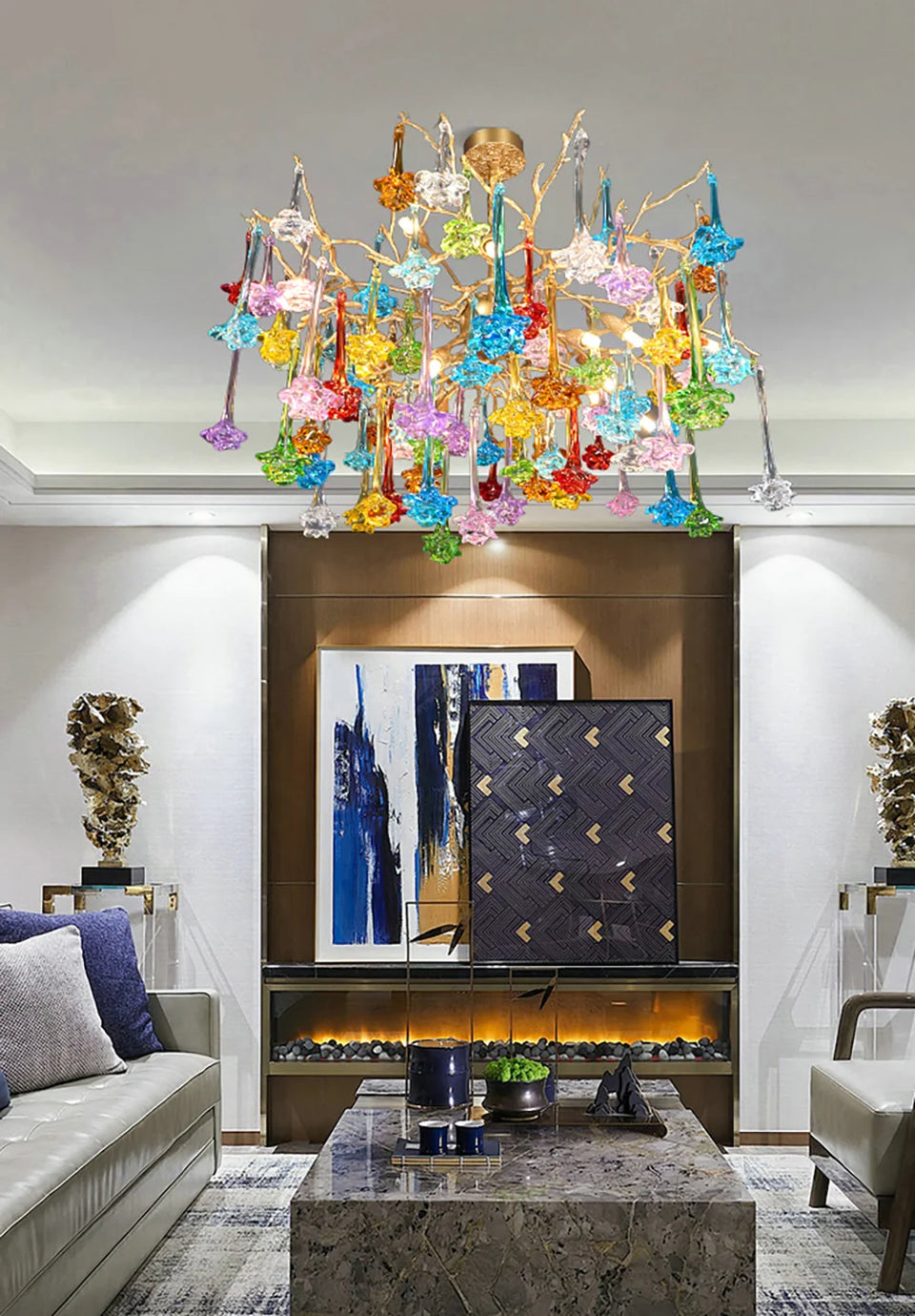 Gold+Color glass chandelier - close-up detail