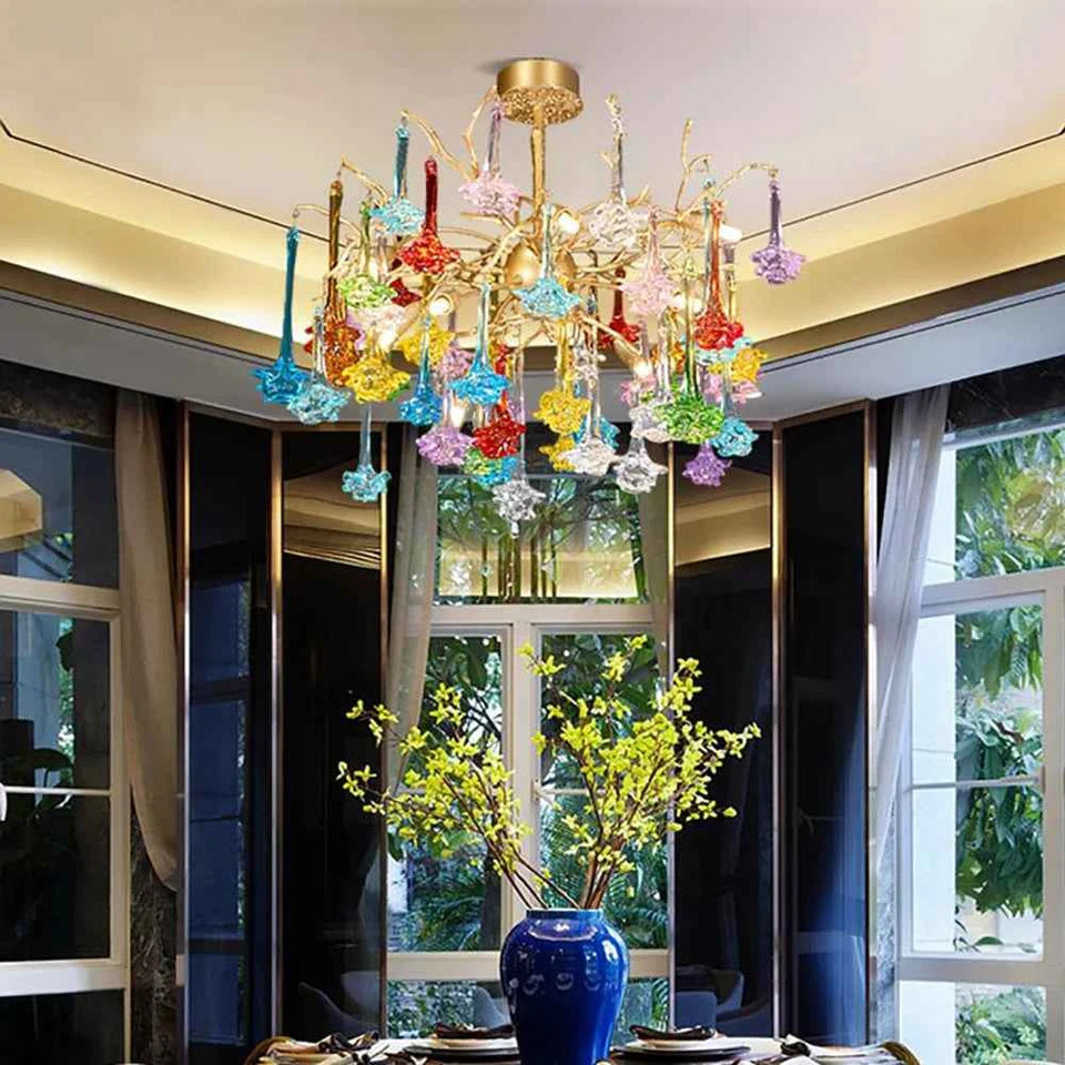 Gold+Color glass chandelier - detail view