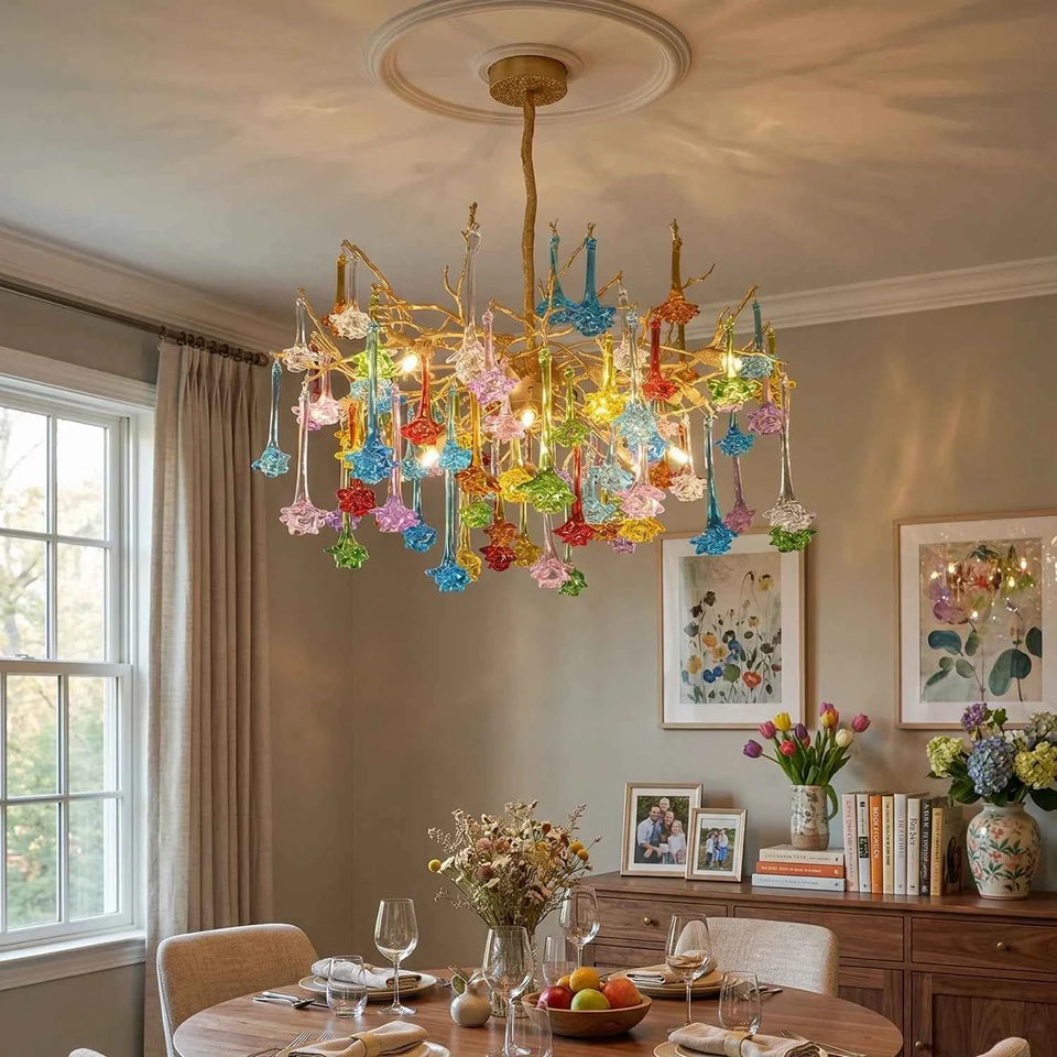 Gold+Color glass chandelier - side angle view