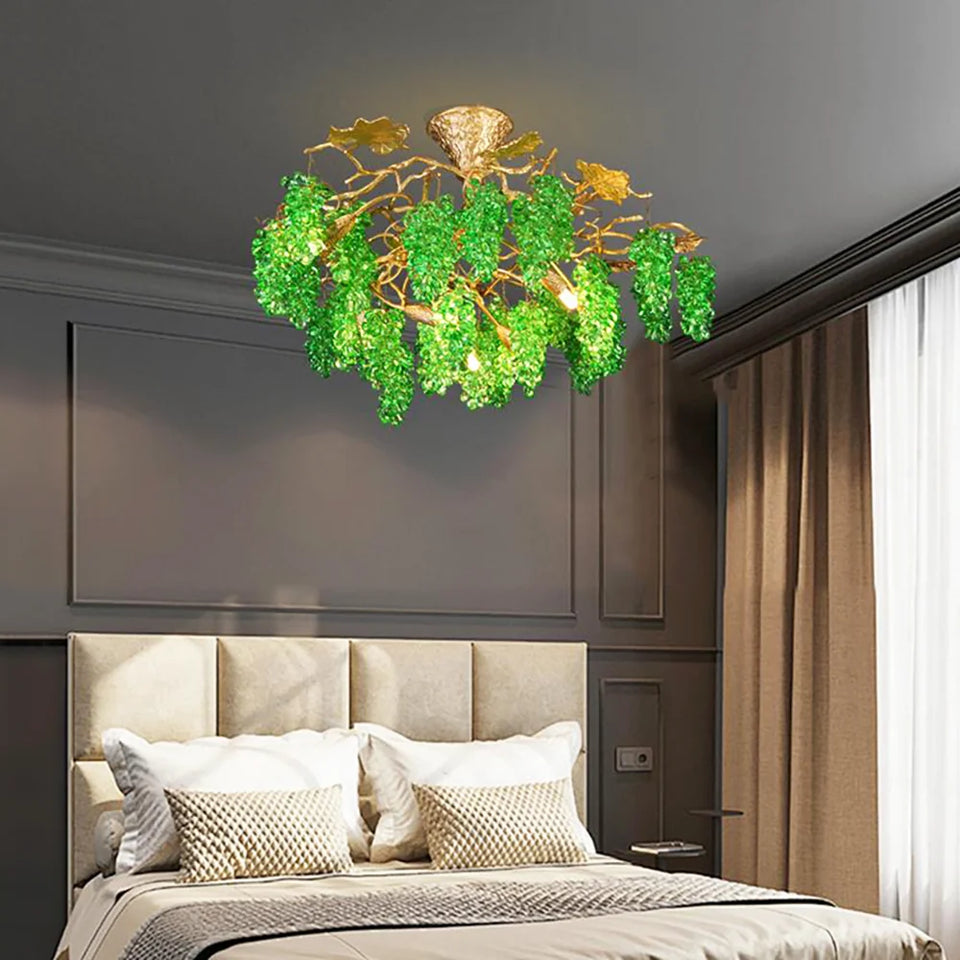 Gold+Green glass chandelier - close-up detail