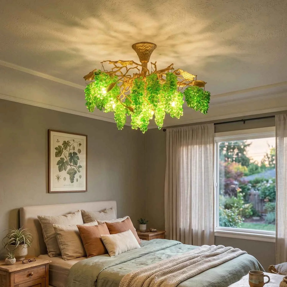Gold+Green glass chandelier - side angle view