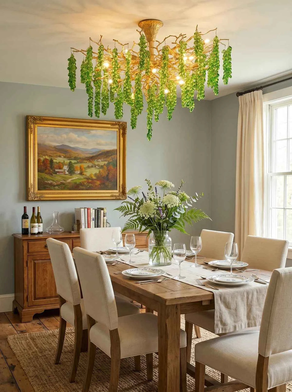 Gold+Green glass chandelier - detail view