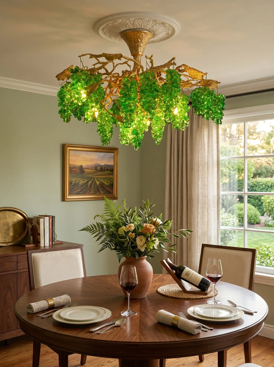 Gold+Green glass chandelier - top view