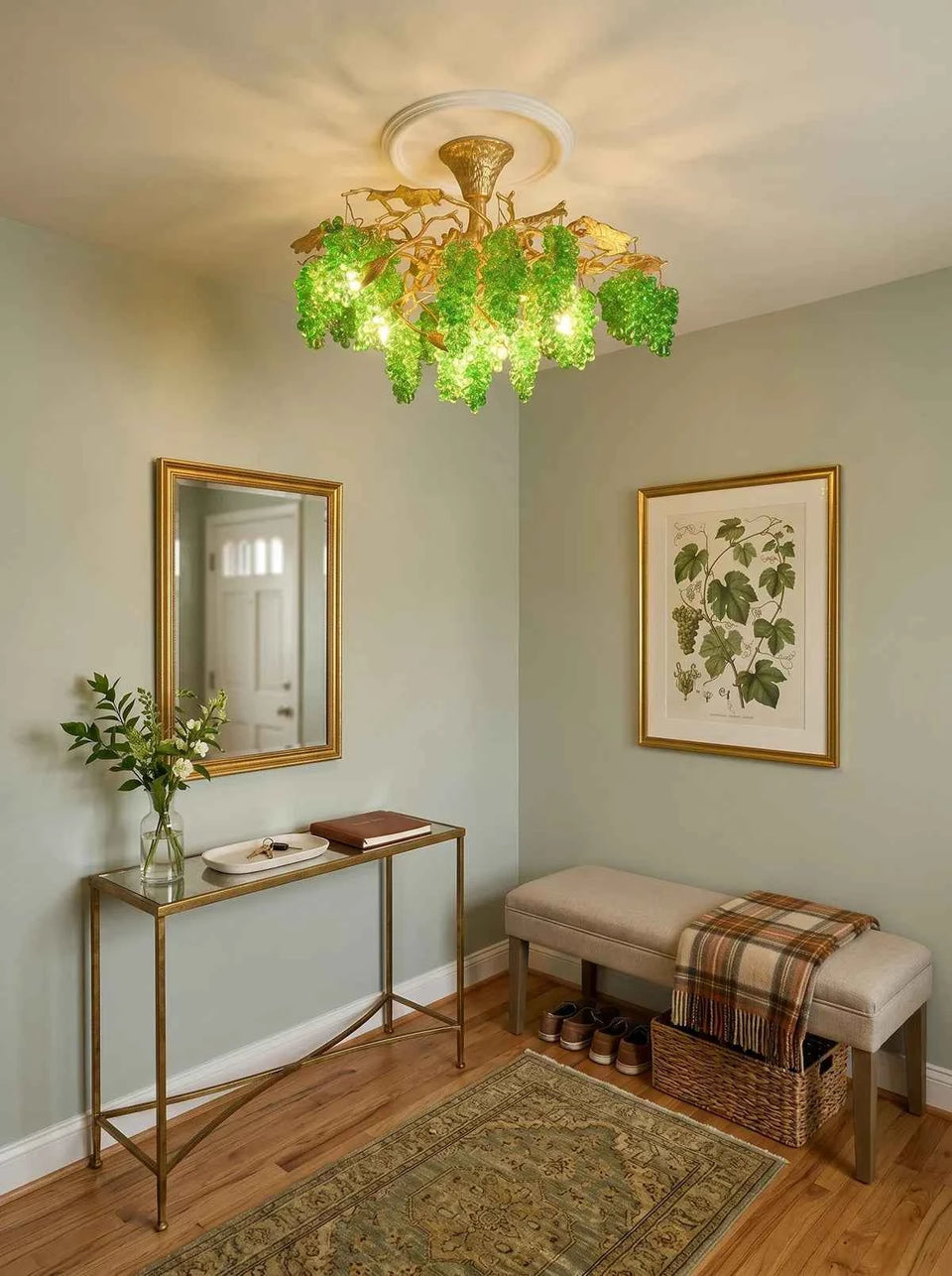 Gold+Green glass chandelier - back view