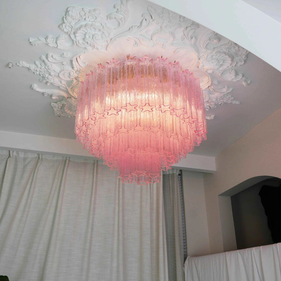 Pink glass ceiling light - side angle view