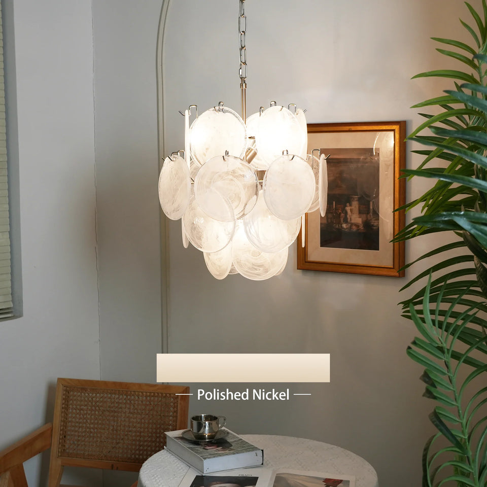 Vintage Murano White Glass Disks Chandelier