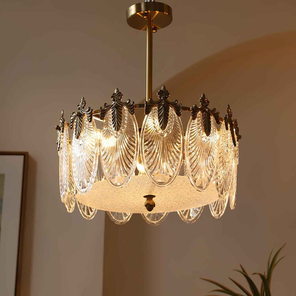 Gold & Clear glass chandelier - side angle view