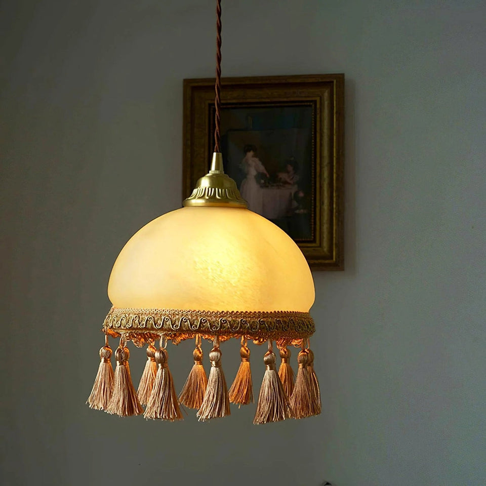 Yellow & Brown brass pendant light - lifestyle setting