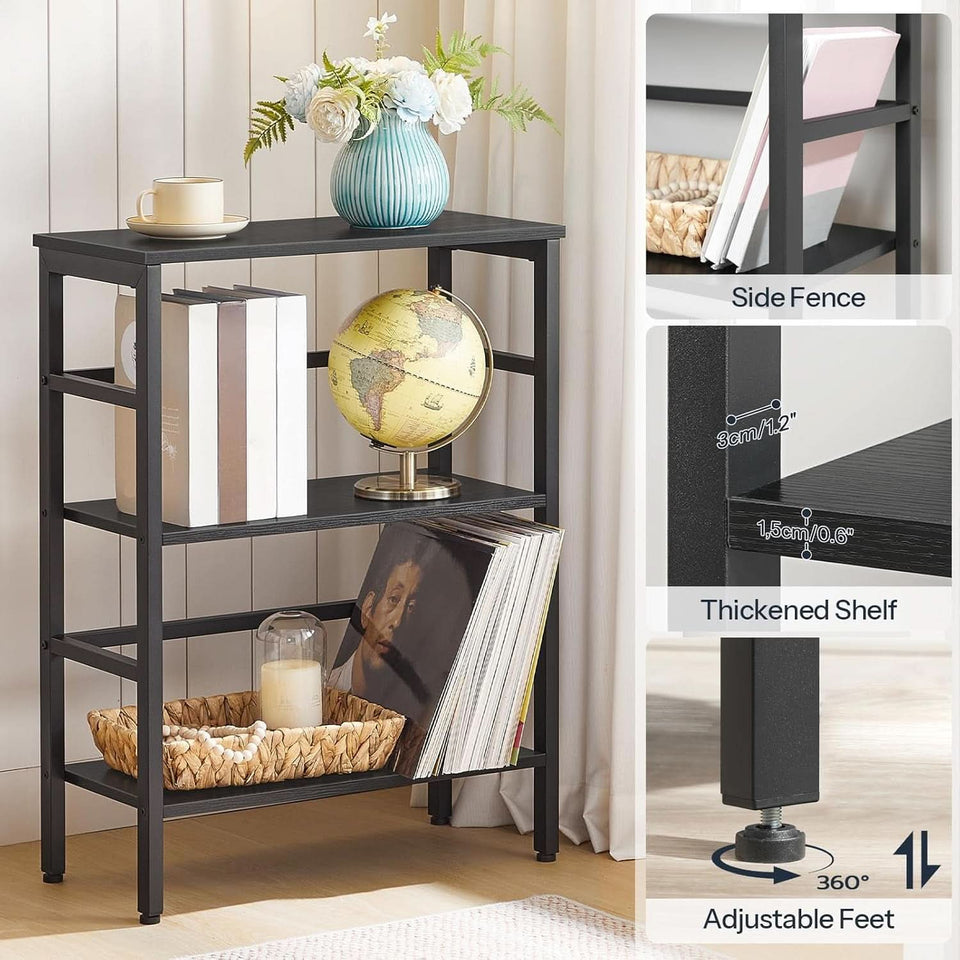 Three Tier Bookshelf Industrial Bookcase And Record Storage Rack With Side Fence Black Metal Frame Rustic Wood