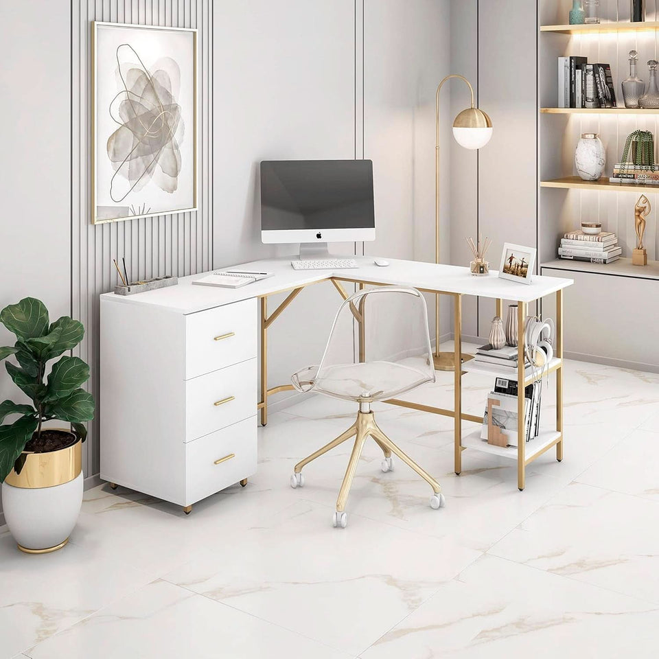 L Shaped Corner Desk Two Tone With Drawers And Shelves For Home Office