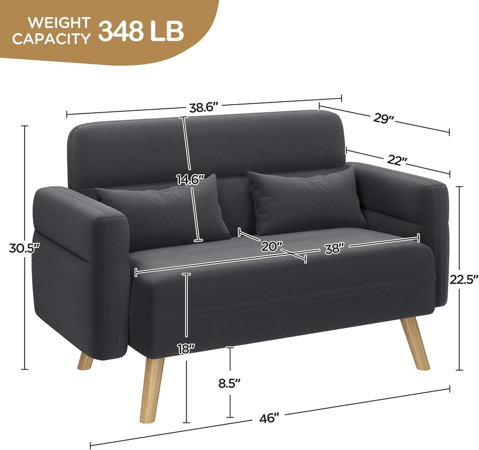46-Inch Small Modern Fabric Loveseat Dark Gray Solid Wood Legs