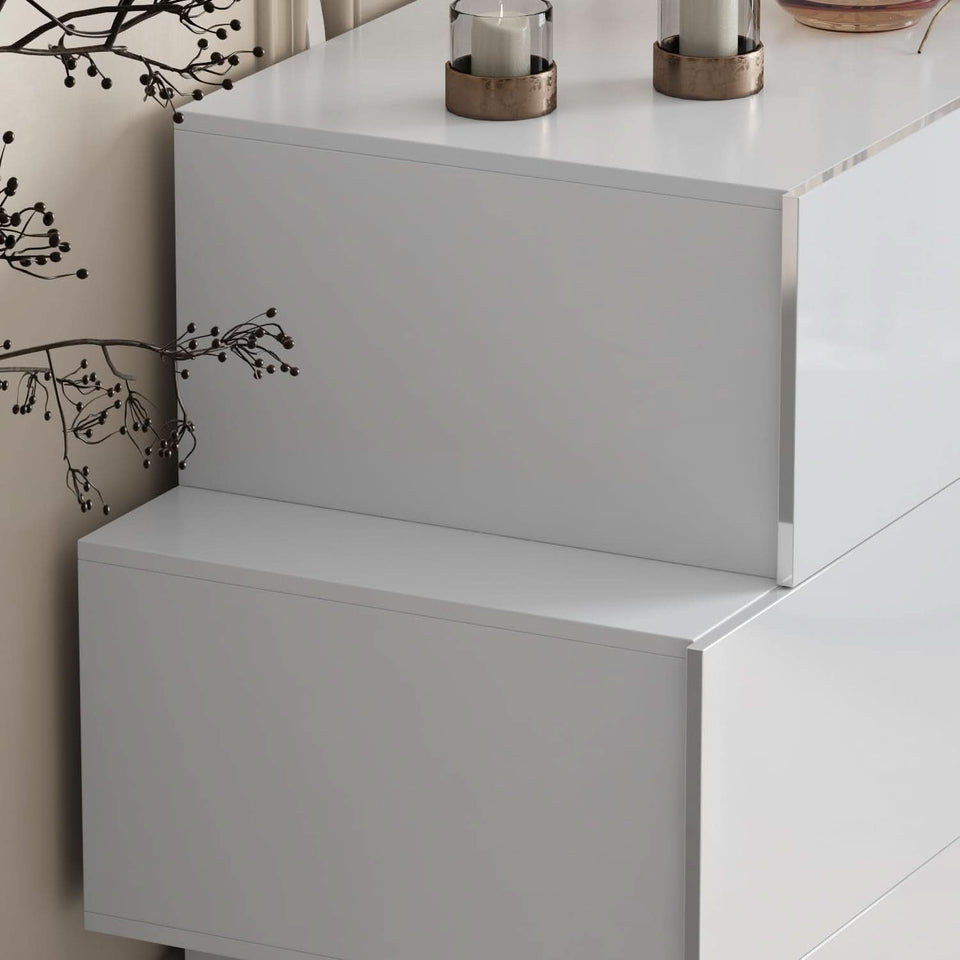 White High Gloss Six Drawer Dresser With Asymmetrical Design