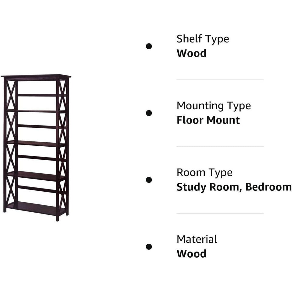 Espresso Montego Five Shelf Bookcase With X Design