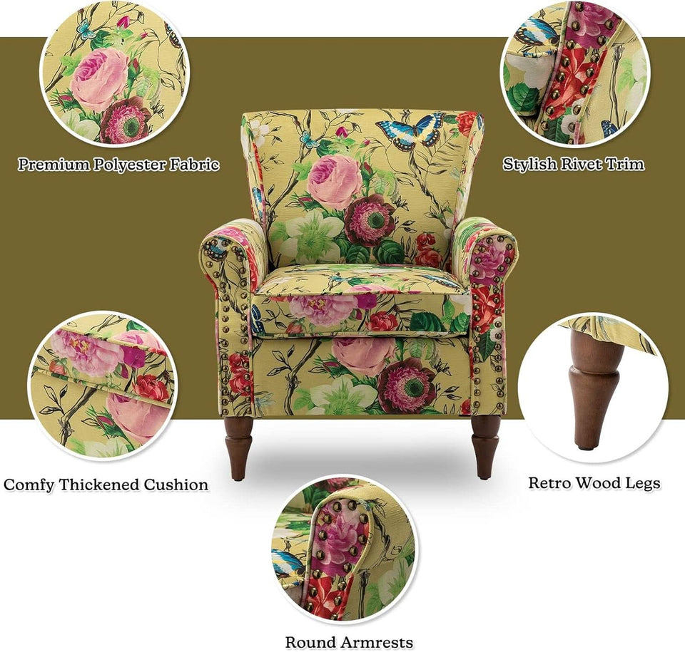 Mustard Floral Wingback Accent Chair With Solid Wood Legs
