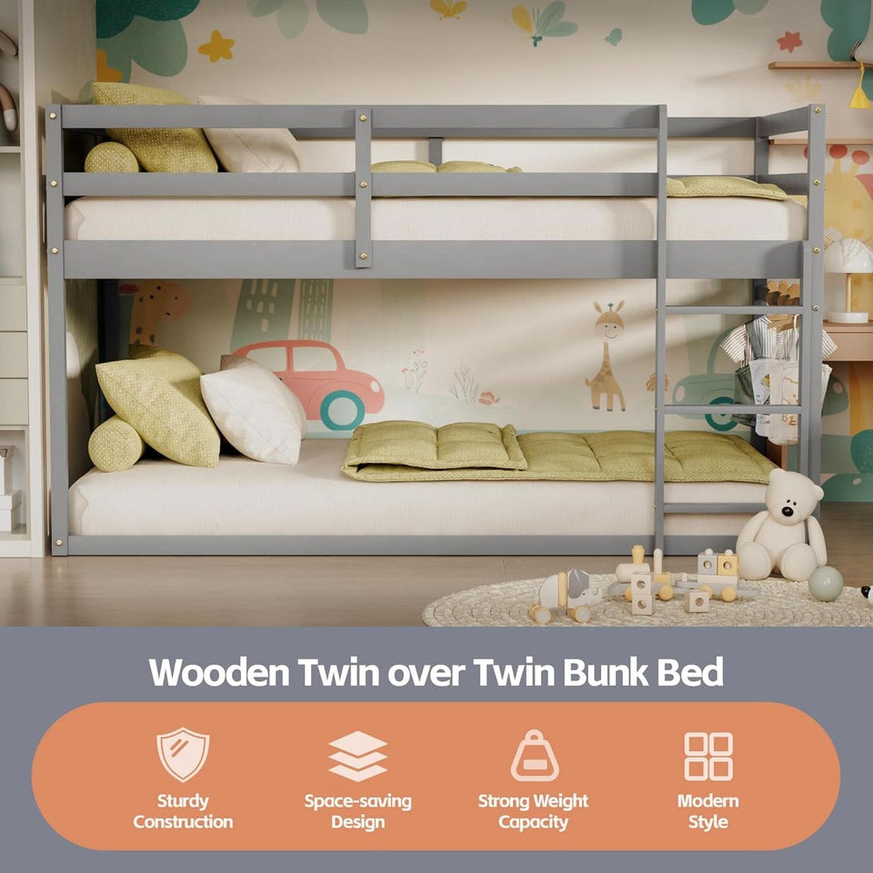 Grey Low Bunk Bed Twin Over Twin With Ladder For Kids Room