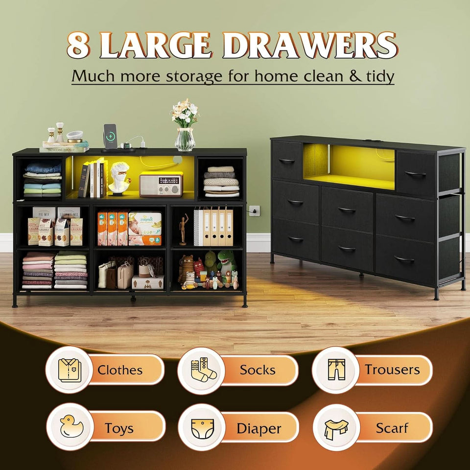 Black Fabric Dresser With Charging Station And LED Lights