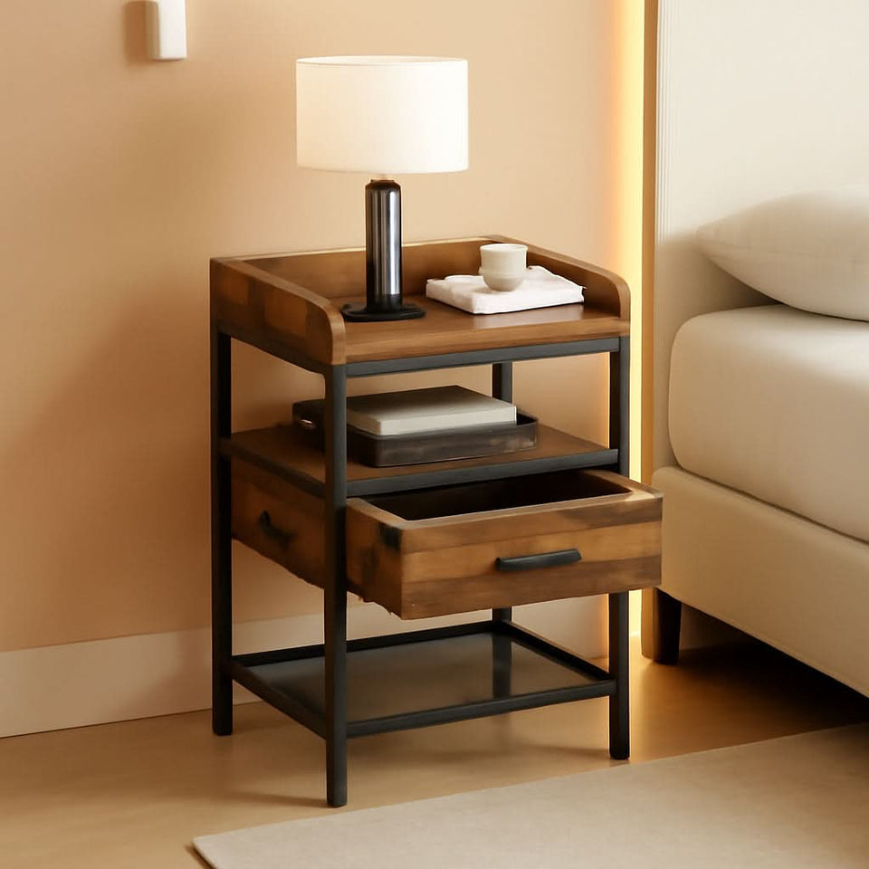Industrial Three Tier Nightstand Set With Wood Grain Finish