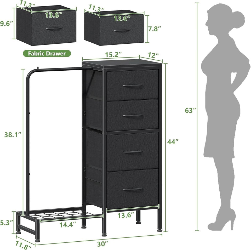 Dresser With Hanging Rack And 4 Drawers Black 44 Inch Tall