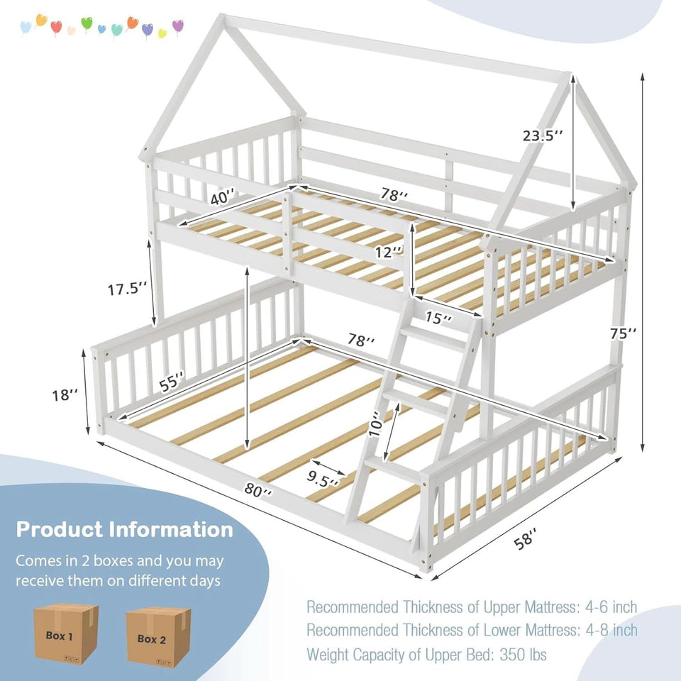 Solid Wood Twin Over Full Bunk Bed White With Guardrails