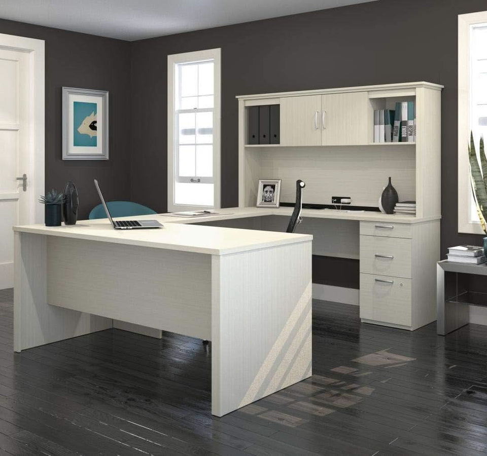 66W White Chocolate L Shaped Executive Desk With Hutch