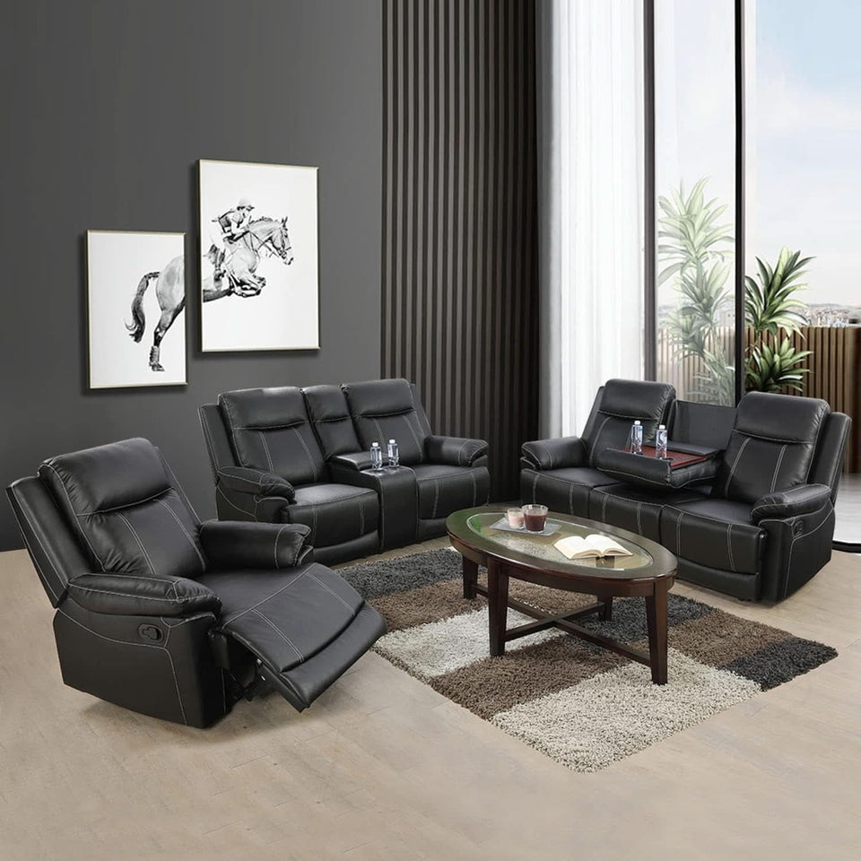 Manual Recliner Sofa Set Black Bonded Leather Cup Holders