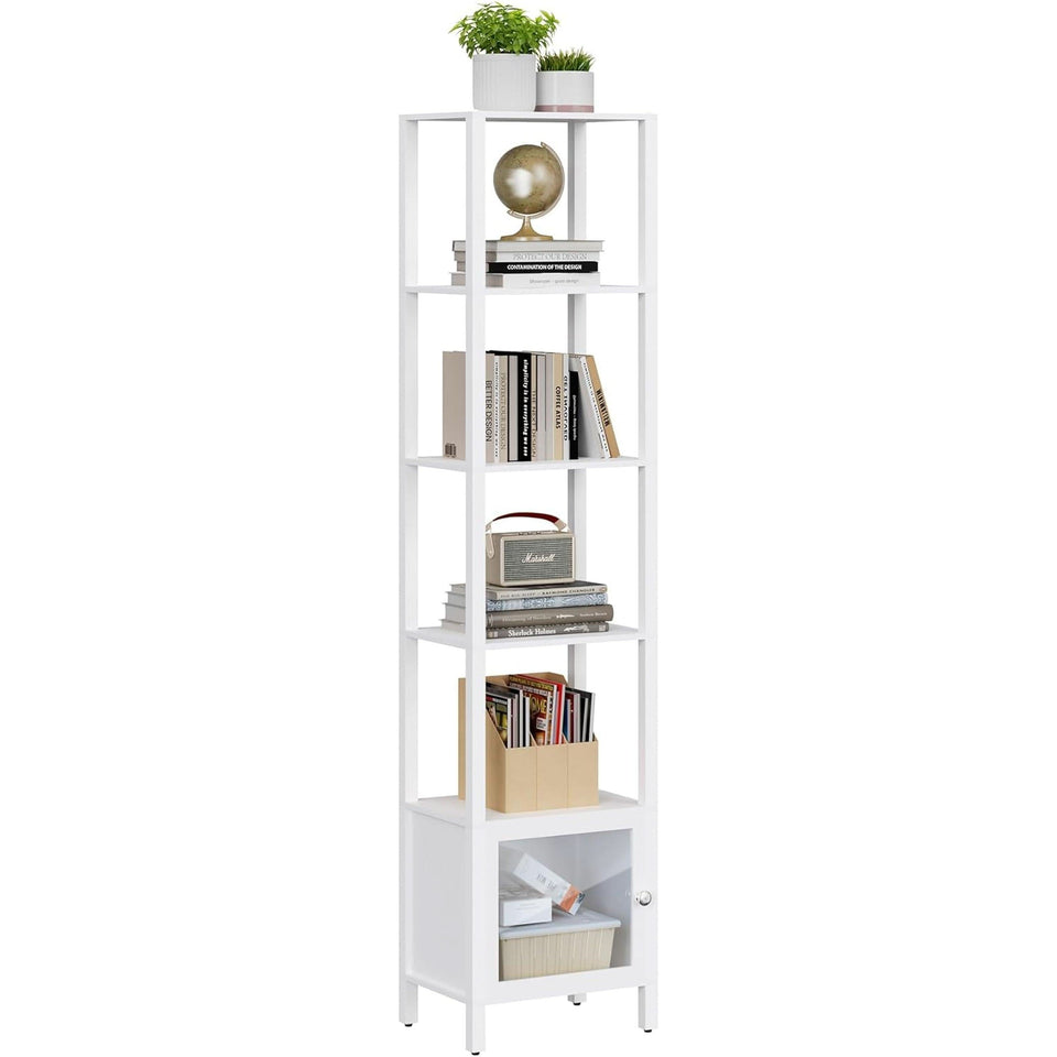 White 6-Tier Narrow Bookshelf With Door For Small Space