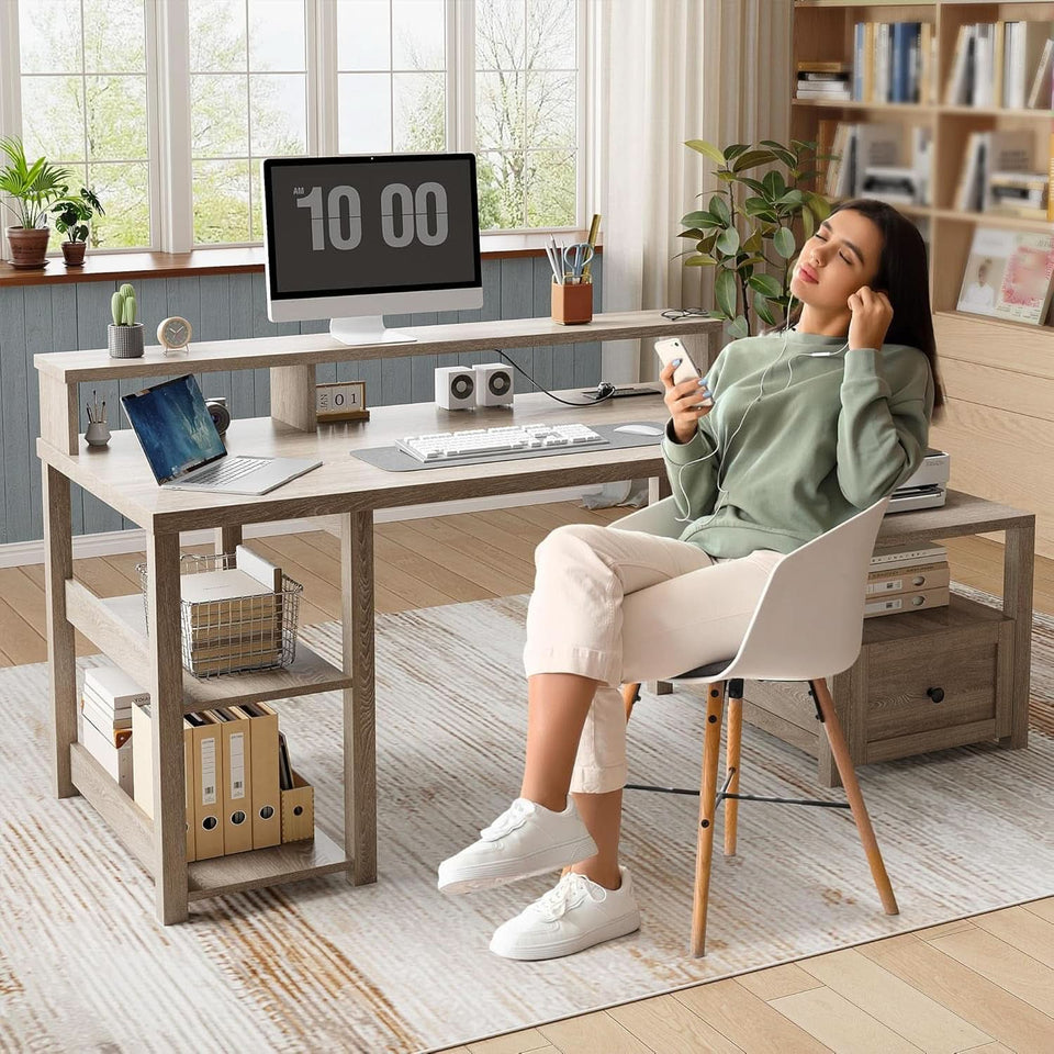 Ash Gray 60.4Inch Computer Desk Multifunctional Storage
