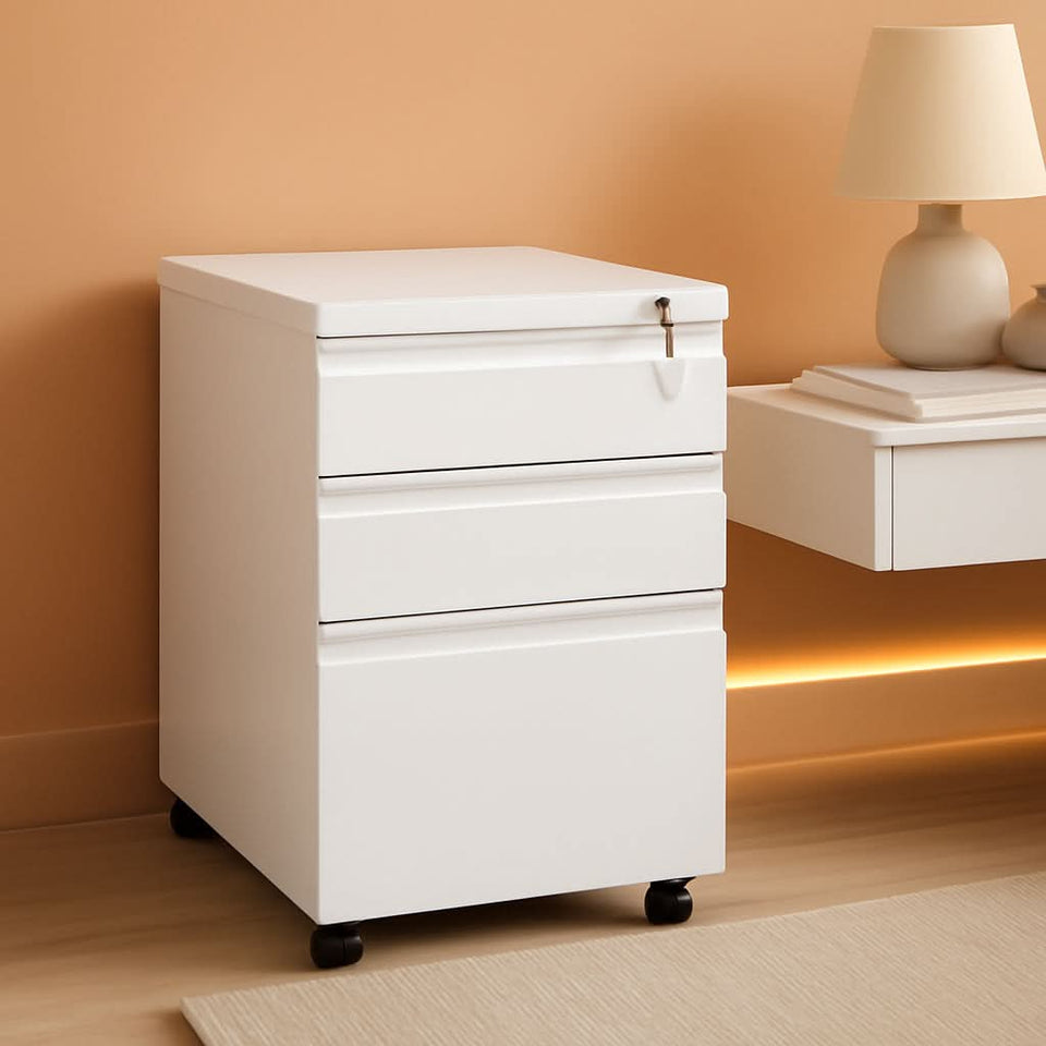Three Drawer Locking File Cabinet Matte White For Home Office Under Desk Fully Assembled A4 Letter Legal