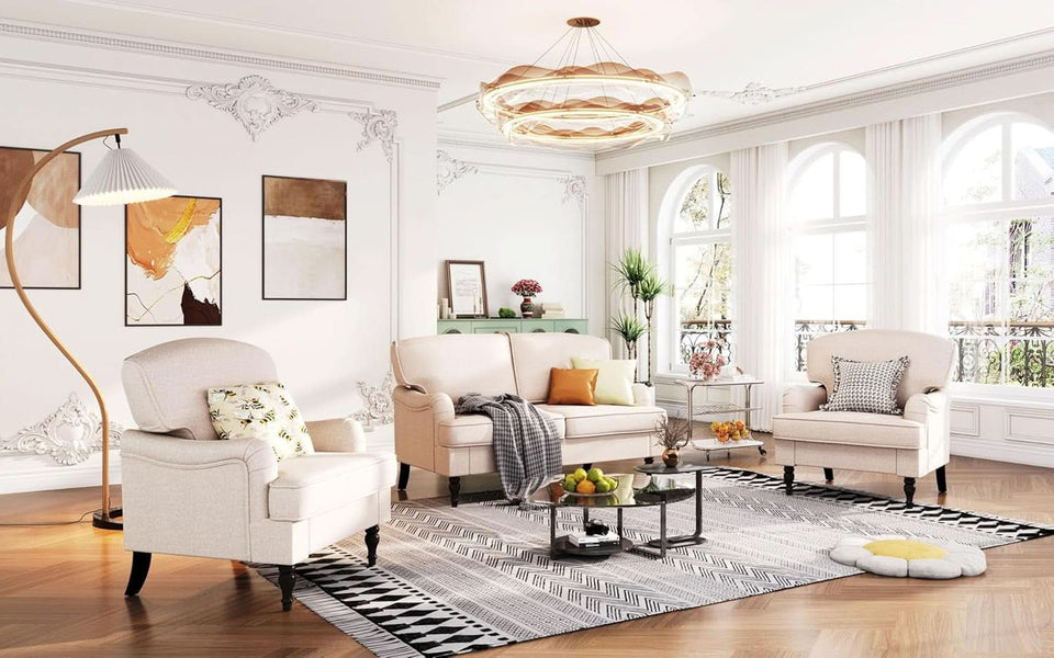 Three Piece Living Room Furniture Set With Linen Fabric Loveseat And Two Accent Chairs Off White