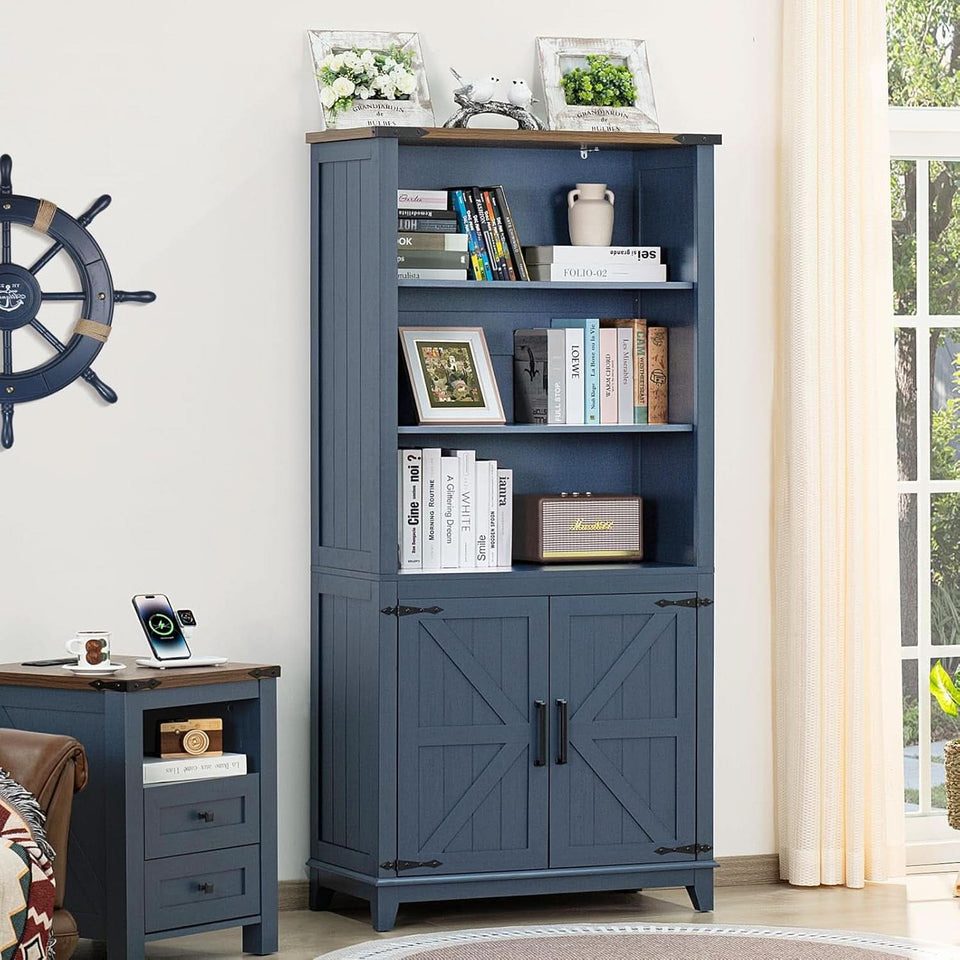Blue 70 Inch Tall Farmhouse Bookcase Adjustable Shelves