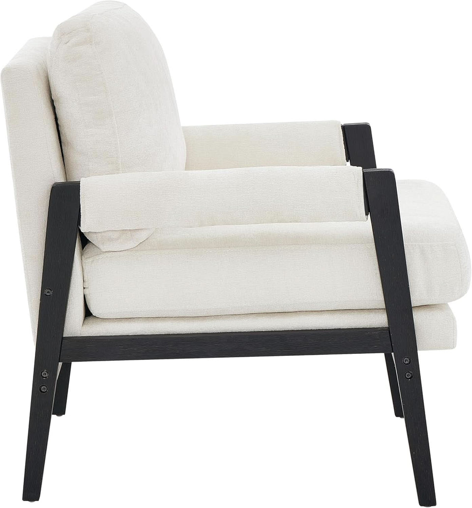 White Chenille Upholstered Mid Century Accent Armchair