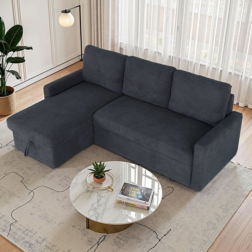 83-Inch Velvet-Black Pull-Out Sleeper Sofa With Storage